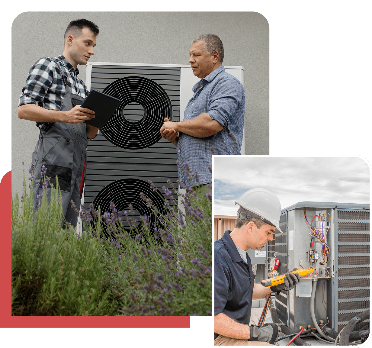 Two men discuss in front of an outdoor HVAC unit; inset shows a technician wearing a helmet working on a different HVAC system with diagnostic tools.