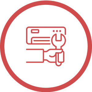 Red outline icon of a hand holding a wrench in front of a credit card, inside a red circular border on a white background.