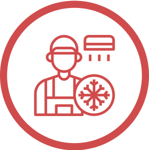 Red outlined icon of a technician wearing a cap, holding a snowflake symbol, with an air conditioning unit above, indicating HVAC or refrigeration services.