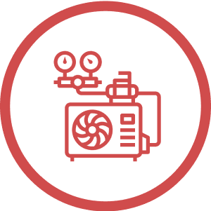 Red line drawing of an industrial air compressor with pressure gauges, enclosed in a white circle with a red border.
