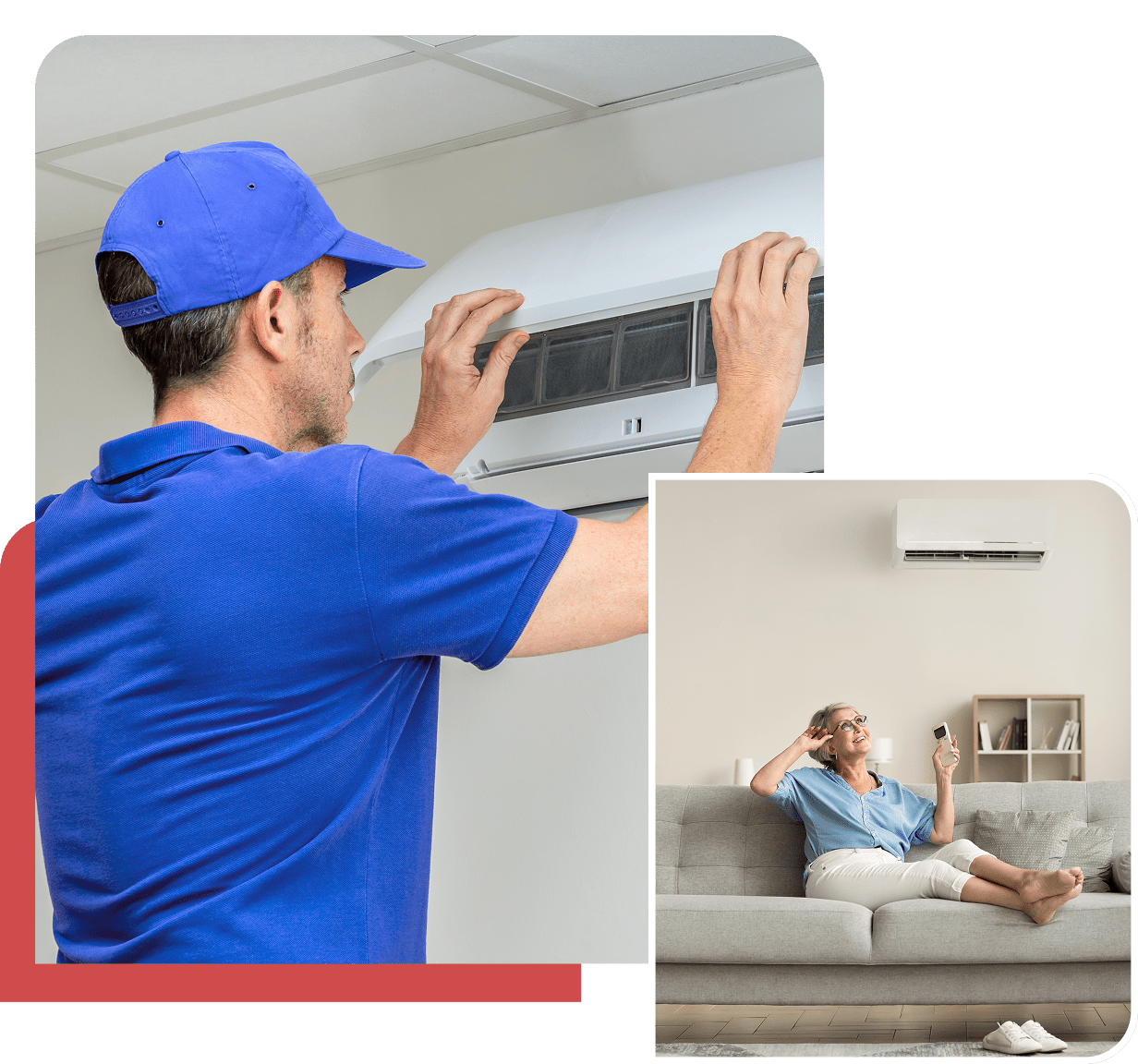 A technician in a blue uniform services a wall-mounted air conditioner; inset shows a woman sitting on a couch using a remote for the same type of unit.